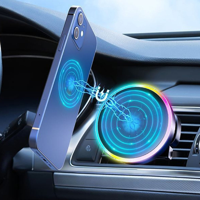 Premium RGB Magnetic Car Phone Holder and Qi 15W Wireless Charger for Smartphones, Apple iPhone, Samsung, iOS & Android | Universal Phone Holder & Charger