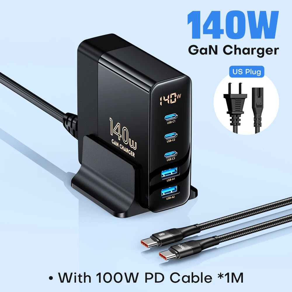 140W GaN Fast Charger: Premium Desktop Charging Station | 5 USB Ports Charging Station Docking Station ASOMETECH | Laptop, MacBook, Smartphones, Apple iPhone, Samsung, iOS & Android