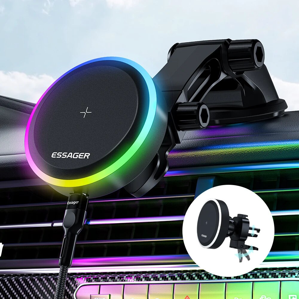 Premium RGB Magnetic Car Phone Holder and Qi 15W Wireless Charger for Smartphones, Apple iPhone, Samsung, iOS & Android | Universal Phone Holder & Charger