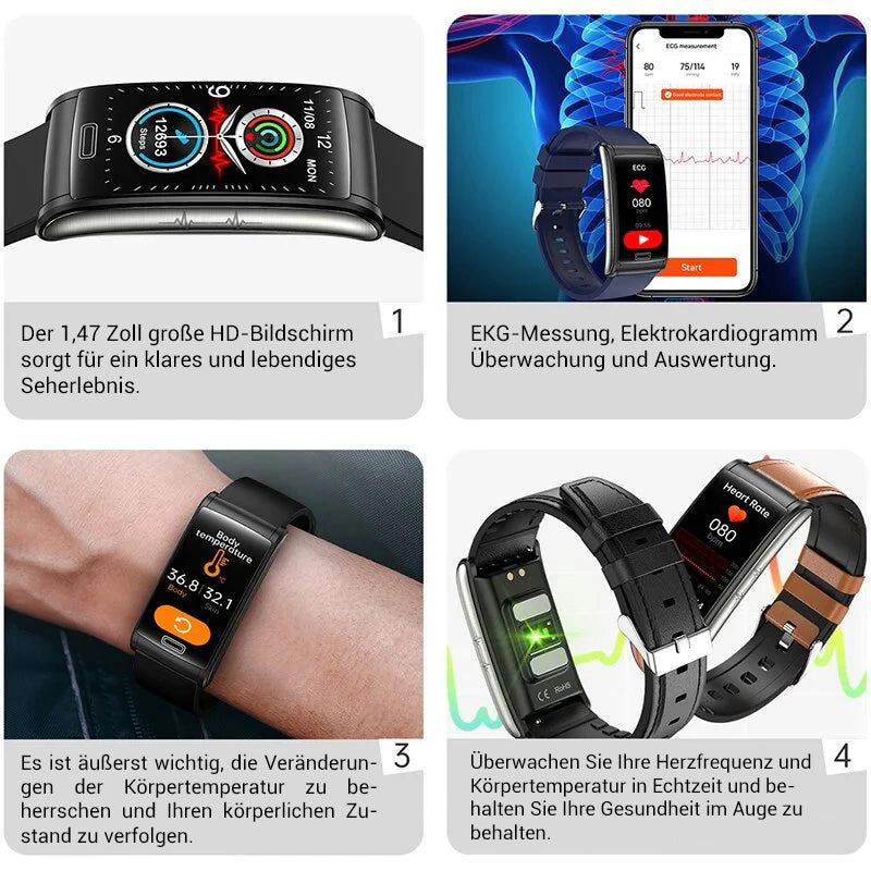 Hochwertiges, nicht-invasives Blutzucker-EKG + PPG Gesundheits-Smart-Armband | IP68 Wasserdichte Sport-Smartwatch für Männer