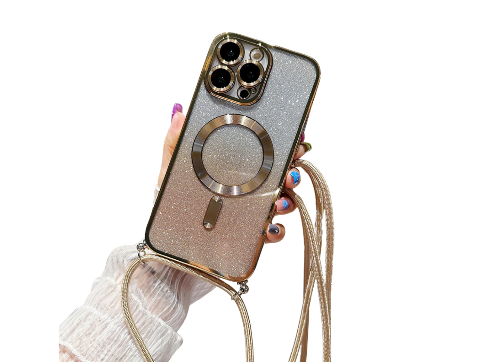 <tc>Luxury Crossbody Lanyard Gradient Glitter Magnetic Case iPhone Case | MagSafe Case with Camera Lens Protection Cover for Apple iPhone 17/17 Air/16/16e/15/14/13 Pro Max Plus | Armor Soft TPU Plating Phone Case | Premium Protection</tc>