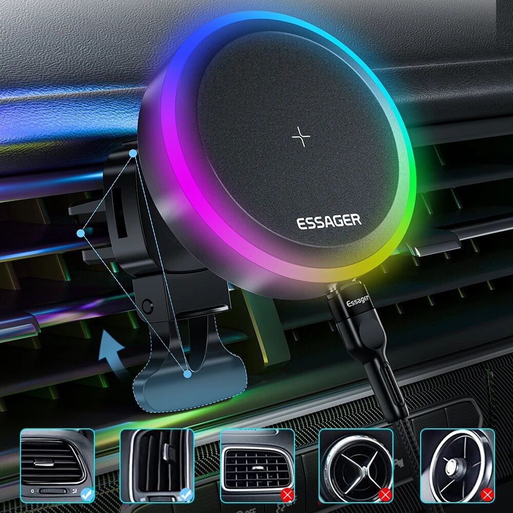 Premium RGB Magnetic Car Phone Holder and Qi 15W Wireless Charger for Smartphones, Apple iPhone, Samsung, iOS & Android | Universal Phone Holder & Charger