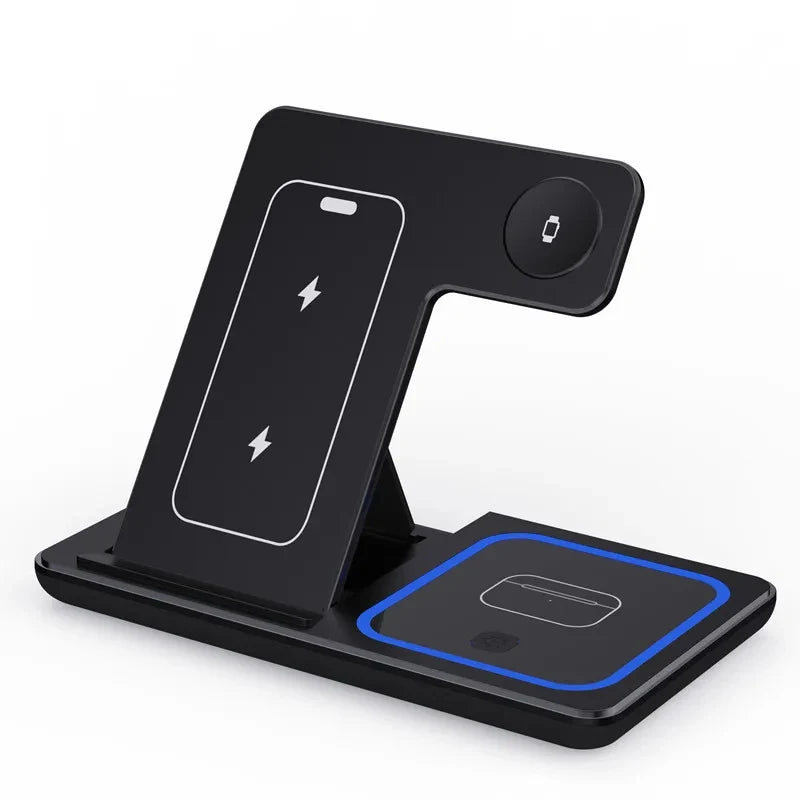 3 in 1 Wireless Fast Charging Station 30W Foldable Charger LED Stand: Charging Device MagSafe Docking Station for Smartphones, Apple iPhone, Samsung, iOS & Android Watch, AirPods