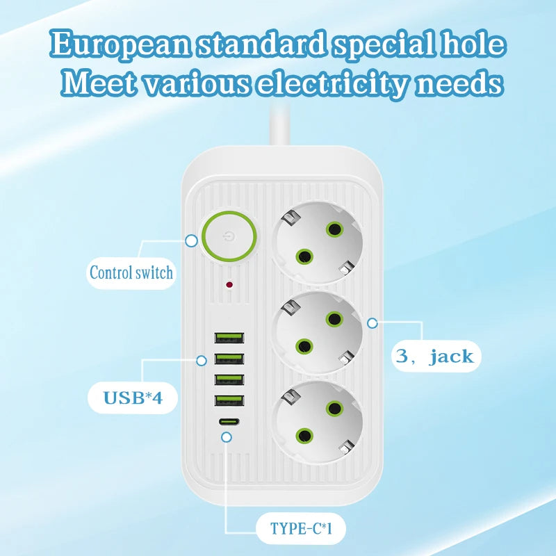 Steckdosenleiste 2 m Verlängerungskabel Multiprise 3 AC-Steckdosen mit 4 USB 1 Typ-C | Premium-Netzwerkfilter und Ladegerät