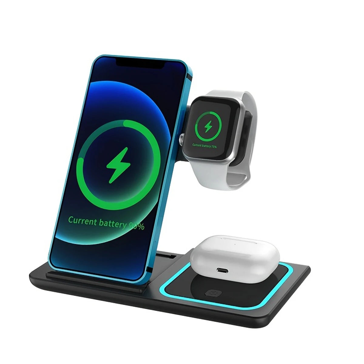 3 in 1 Wireless Fast Charging Station 30W Foldable Charger LED Stand: Charging Device MagSafe Docking Station for Smartphones, Apple iPhone, Samsung, iOS & Android Watch, AirPods