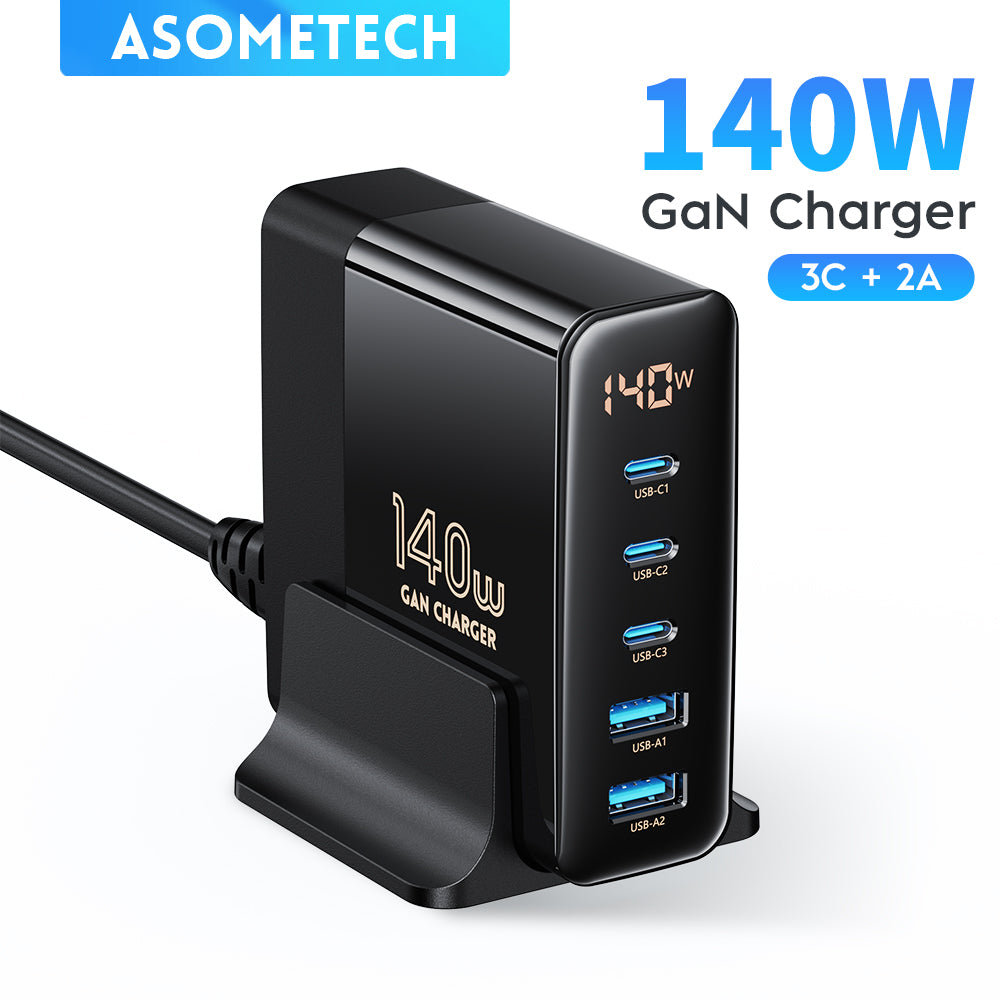 140W GaN Fast Charger: Premium Desktop Charging Station | 5 USB Ports Charging Station Docking Station ASOMETECH | Laptop, MacBook, Smartphones, Apple iPhone, Samsung, iOS & Android