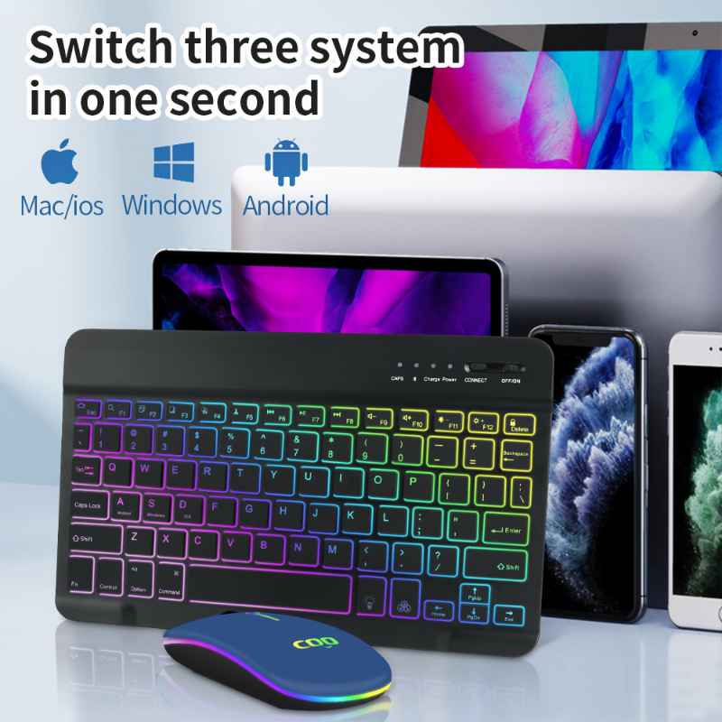 Premium Backlit Tastatur und Maus in 10-Zoll für iPad: Bluetooth-Tastatur mit Hintergrundbeleuchtung | Kompatibel mit iOS, Android, Windows