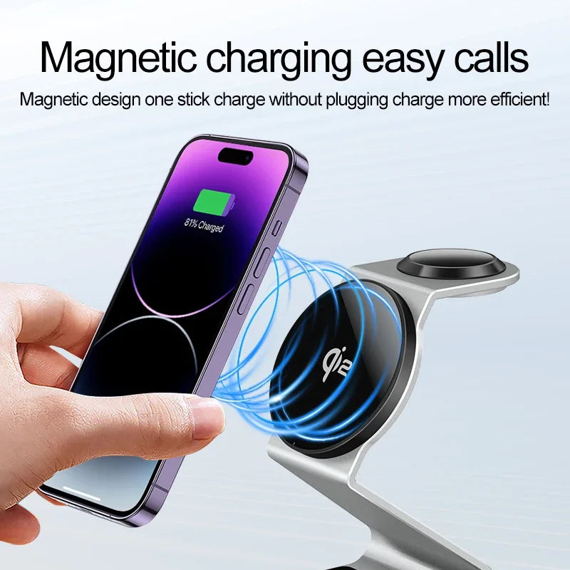 3 In 1 Foldable Magnetic Charging Station 15W Wireless Charger Aluminum Fast Charging Dock Wireless Charging Station for Smartphones, Apple iPhone, Samsung, iOS & Android