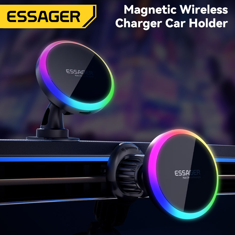 Premium RGB Magnetic Car Phone Holder and Qi 15W Wireless Charger for Smartphones, Apple iPhone, Samsung, iOS & Android | Universal Phone Holder & Charger