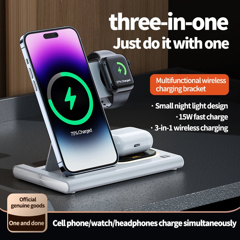 3 in 1 Wireless Fast Charging Station 30W Foldable Charger LED Stand: Charging Device MagSafe Docking Station for Smartphones, Apple iPhone, Samsung, iOS & Android Watch, AirPods