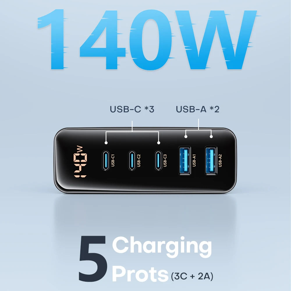 140W GaN Fast Charger: Premium Desktop Charging Station | 5 USB Ports Charging Station Docking Station ASOMETECH | Laptop, MacBook, Smartphones, Apple iPhone, Samsung, iOS & Android