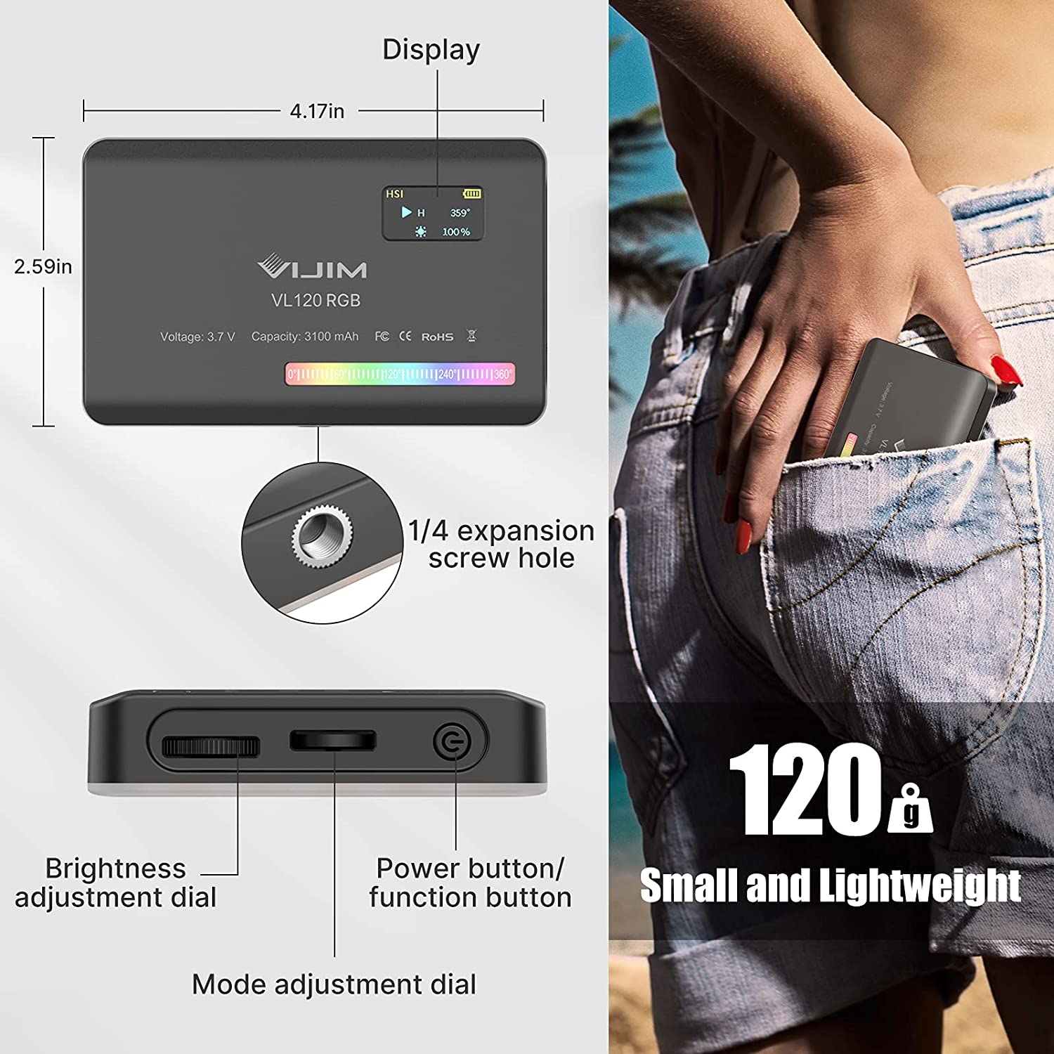 Luxus VL120 RGB LED Videolicht für Kamera, Apple iPhone 15/14/13/12/11 Pro Max Plus Mini, Samsung, Android, Vollfarbig,