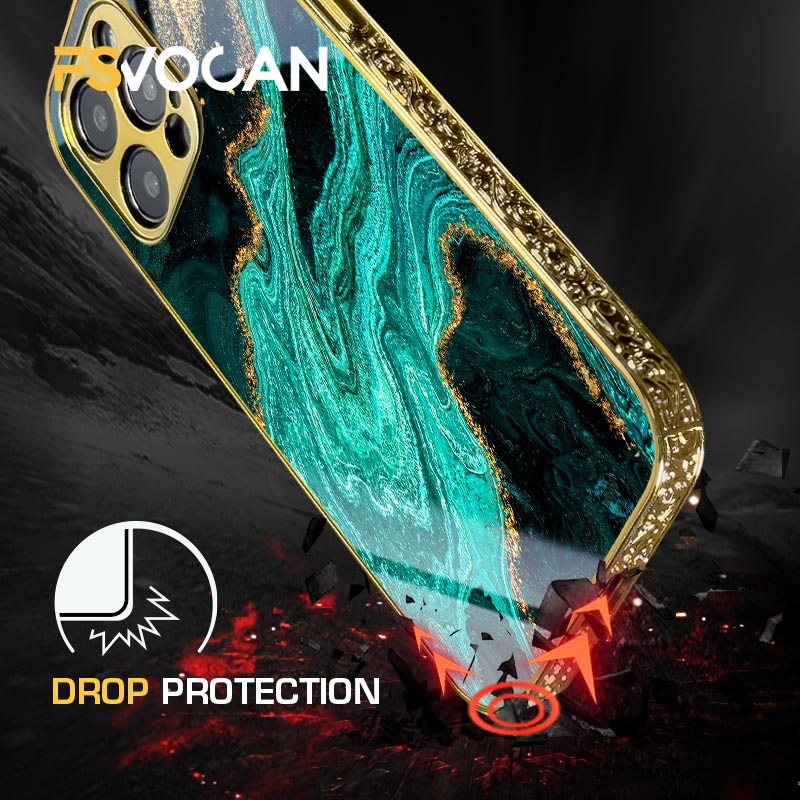 Premium Goldenes Kunst Marmor Design Stoßfeste Gold Hülle | MagSafe, Abdeckung iPhone 15/14/13/12/11 Pro Max | Grünes Blau