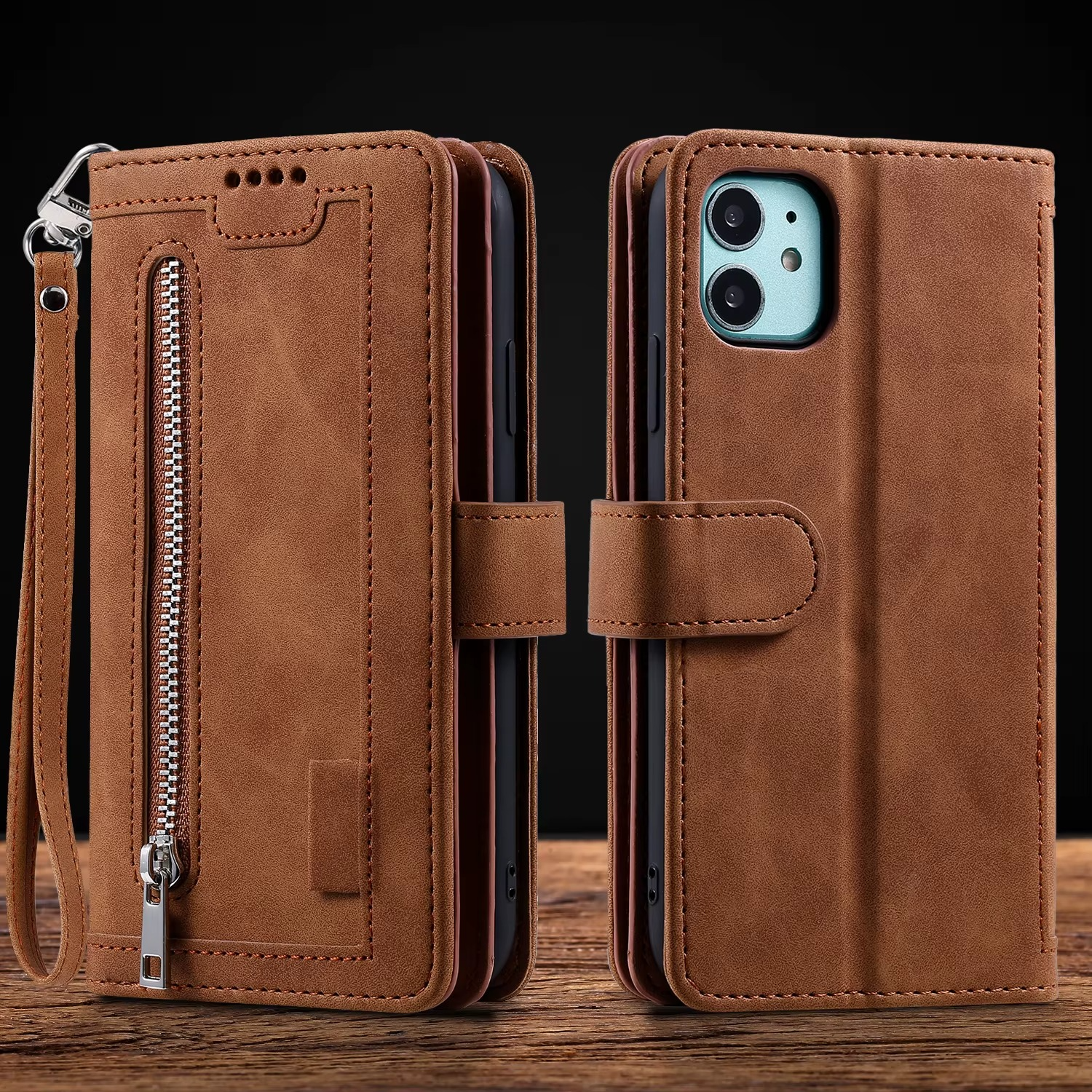 <tc>High-Quality Leather iPhone Case with Zipper, Card Holder, Stand, and Strap | Flip Cover Case for Apple iPhone 17/17 Air, 16/16e, 15, 14, 13, 12 Pro Max, Pro, Plus & Mini - Versatile Protective Cover</tc>
