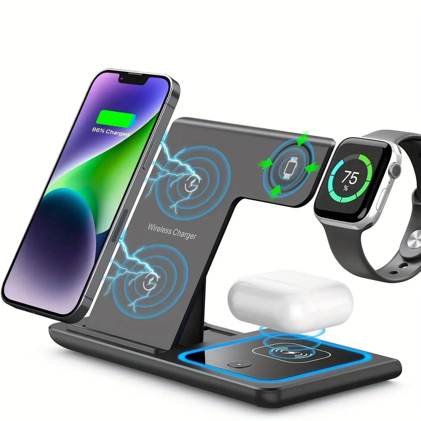 3 in 1 Wireless Fast Charging Station 30W Foldable Charger LED Stand: Charging Device MagSafe Docking Station for Smartphones, Apple iPhone, Samsung, iOS & Android Watch, AirPods