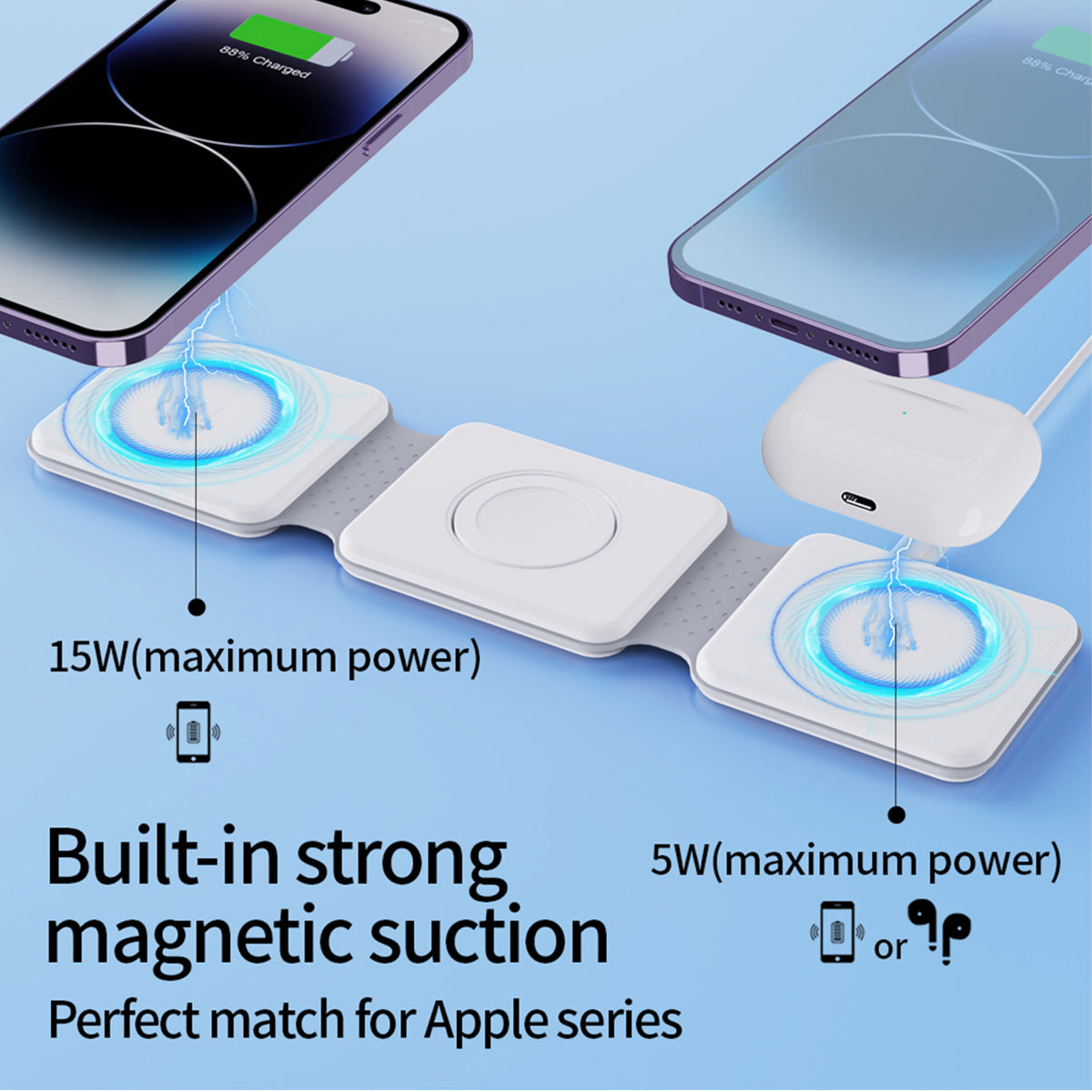 3 In 1 Foldable Magnetic Charging Station 15W Wireless Charger Aluminum Fast Charging Dock Wireless Charging Station for Smartphones, Apple iPhone, Samsung, iOS & Android