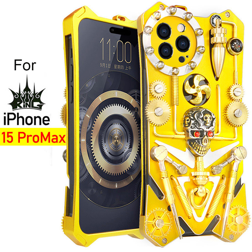 Premium Mechanical Gaming Design: Shockproof Metal iPhone Case with Gear Stand and MagSafe | Aluminum Cooling, Skull Compass Cover for Apple iPhone 16/15/14/13/12 Pro Max, Pro, Plus, e & Mini | 360-Degree All Around Camera Lens Protection