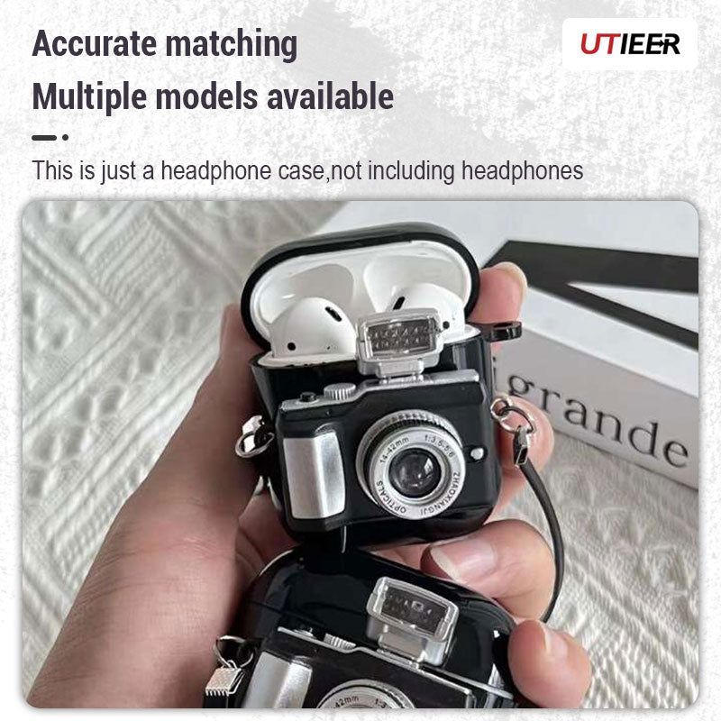 Premium Retro Camera-Design Headphone Case with Light Flash for Apple AirPods 4/3/2/1 and Pro Series 2024/2022/2021/2019/2016 & Pro: Soft Silicone Protective Case with Strap - Stylish and Protective Case for 3rd Generation AirPods