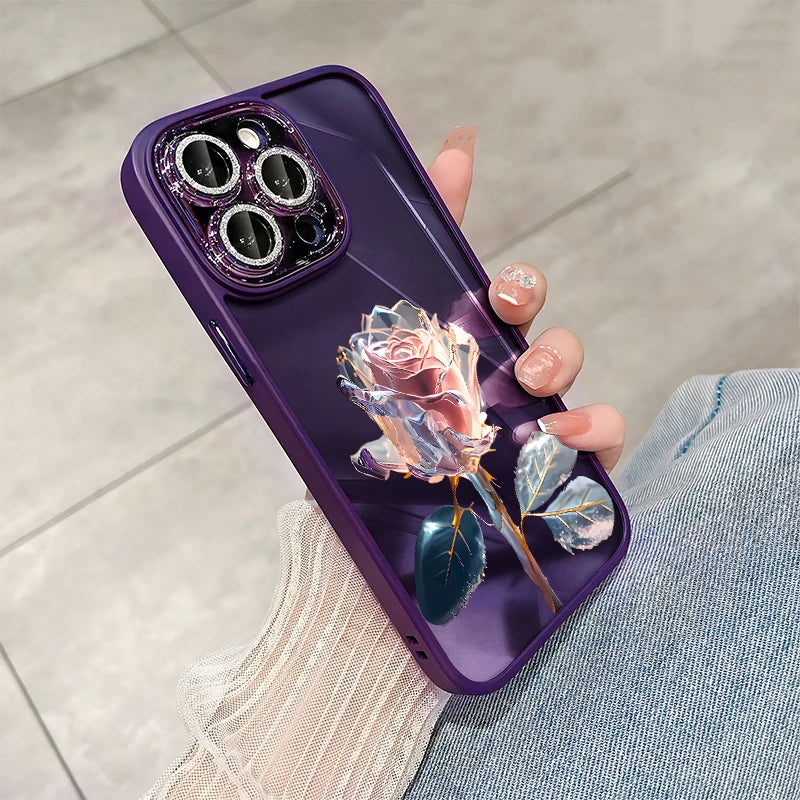 Luxury Crystal Rose Diamond iPhone Case | MagSafe Case with 360-Degree Protection and Camera Lens Cover for Apple iPhone 16/15/14/13/12 Pro Max, Plus, Mini Cover | Armor Case, Bumper Cover Phone Case | High-Quality Protective Cover