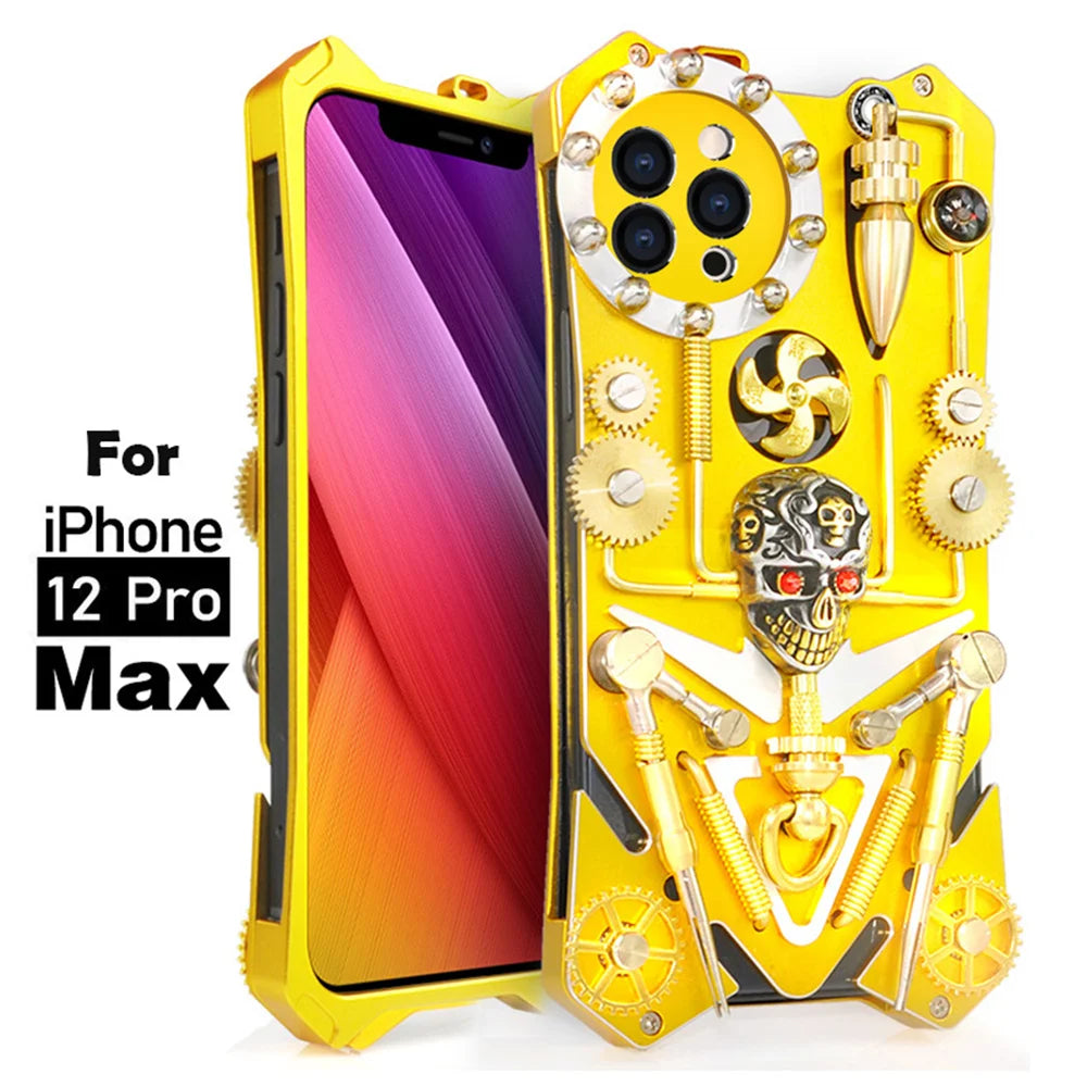 Premium Mechanical Gaming Design: Shockproof Metal iPhone Case with Gear Stand and MagSafe | Aluminum Cooling, Skull Compass Cover for Apple iPhone 16/15/14/13/12 Pro Max, Pro, Plus, e & Mini | 360-Degree All Around Camera Lens Protection
