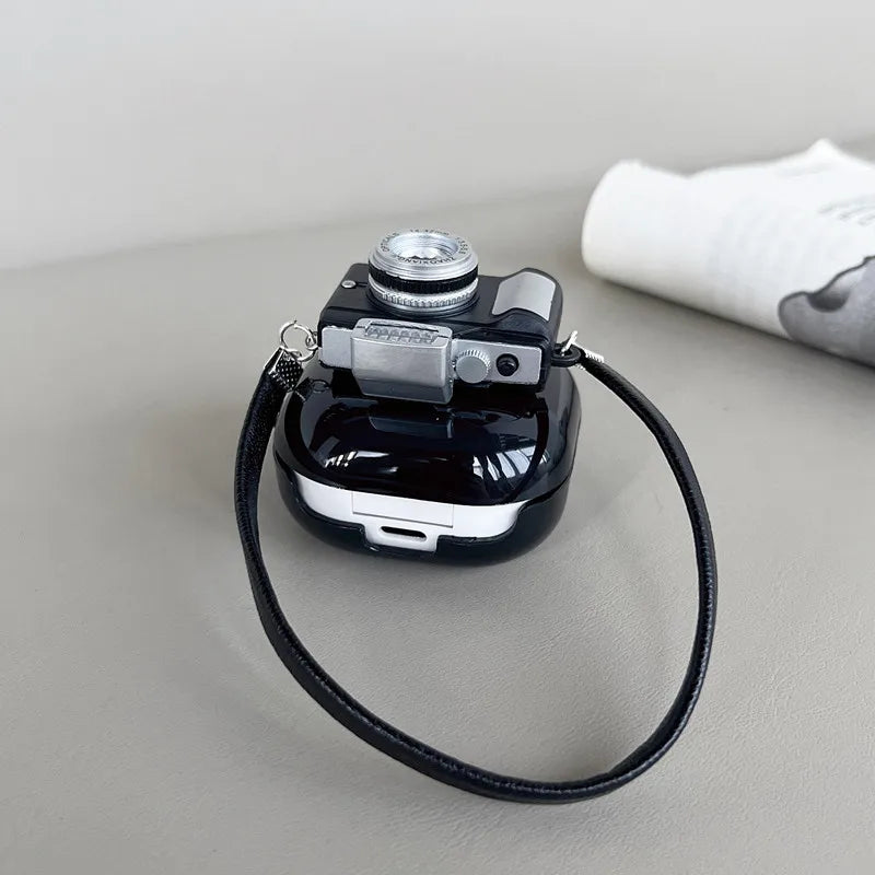 Premium Retro Camera-Design Headphone Case with Light Flash for Apple AirPods 4/3/2/1 and Pro Series 2024/2022/2021/2019/2016 & Pro: Soft Silicone Protective Case with Strap - Stylish and Protective Case for 3rd Generation AirPods