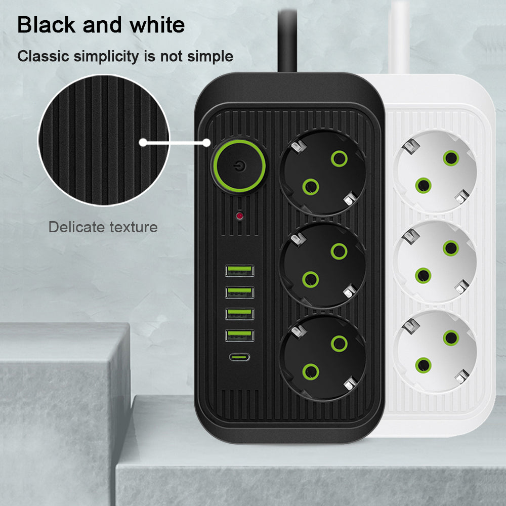 Steckdosenleiste 2 m Verlängerungskabel Multiprise 3 AC-Steckdosen mit 4 USB 1 Typ-C | Premium-Netzwerkfilter und Ladegerät