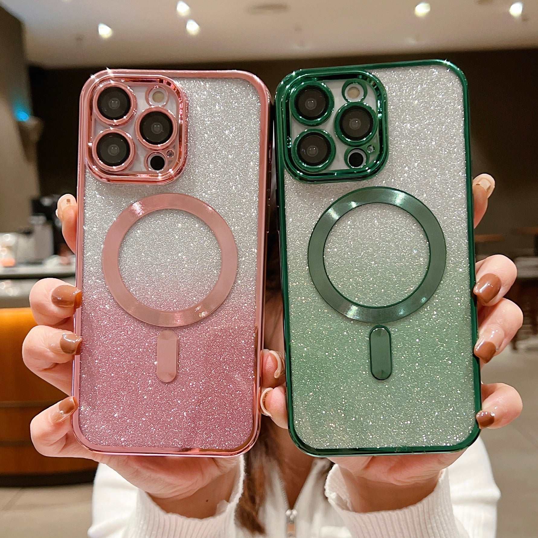 <tc>Luxury Crossbody Lanyard Gradient Glitter Magnetic Case iPhone Case | MagSafe Case with Camera Lens Protection Cover for Apple iPhone 17/17 Air/16/16e/15/14/13 Pro Max Plus | Armor Soft TPU Plating Phone Case | Premium Protection</tc>
