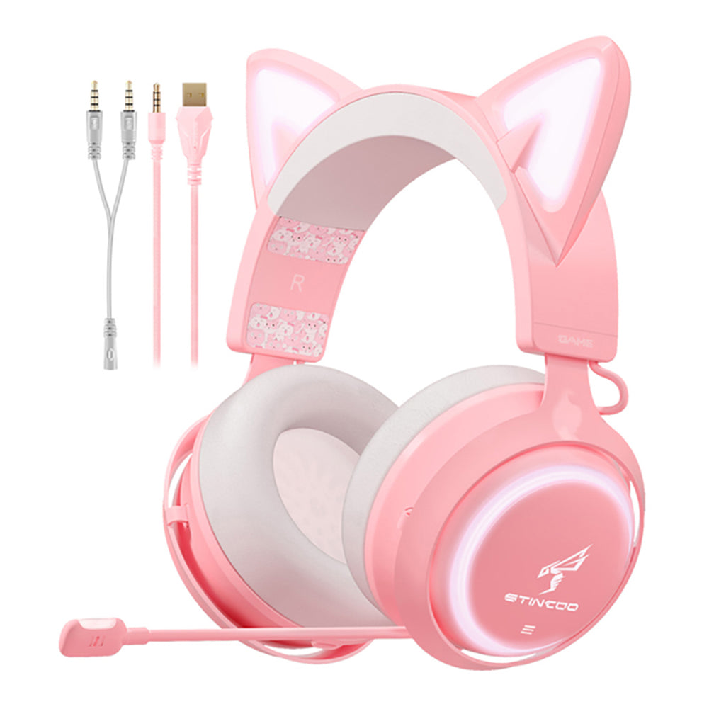 Hochwertiges Onikuma X15 Pro Over-Ear Gaming-Headset mit Kabel | Geräuschunterdrückung, Rosa Katzenohren, RGB-Licht und