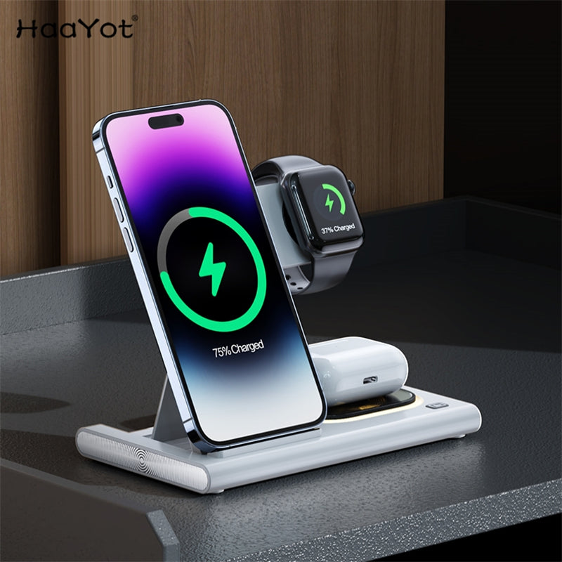 15w 3 in 1 Magnetic Wireless Charger Stand Pad for Smartphones, Apple iPhone, Samsung, iOS & Android Airpods Fast Charging Station