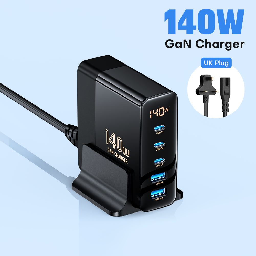 140W GaN Fast Charger: Premium Desktop Charging Station | 5 USB Ports Charging Station Docking Station ASOMETECH | Laptop, MacBook, Smartphones, Apple iPhone, Samsung, iOS & Android