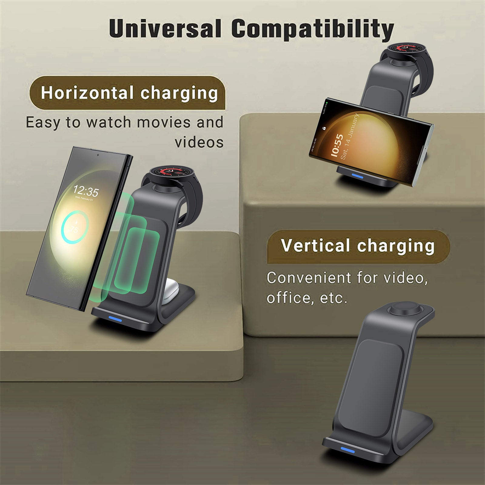 3-in-1 Wireless Charging Station Smartphones, Apple iPhone, Samsung, iOS & Android Watch, AirPods Charger | Magnetic Fast Charging Docking Station 20W Wireless Charging Stand