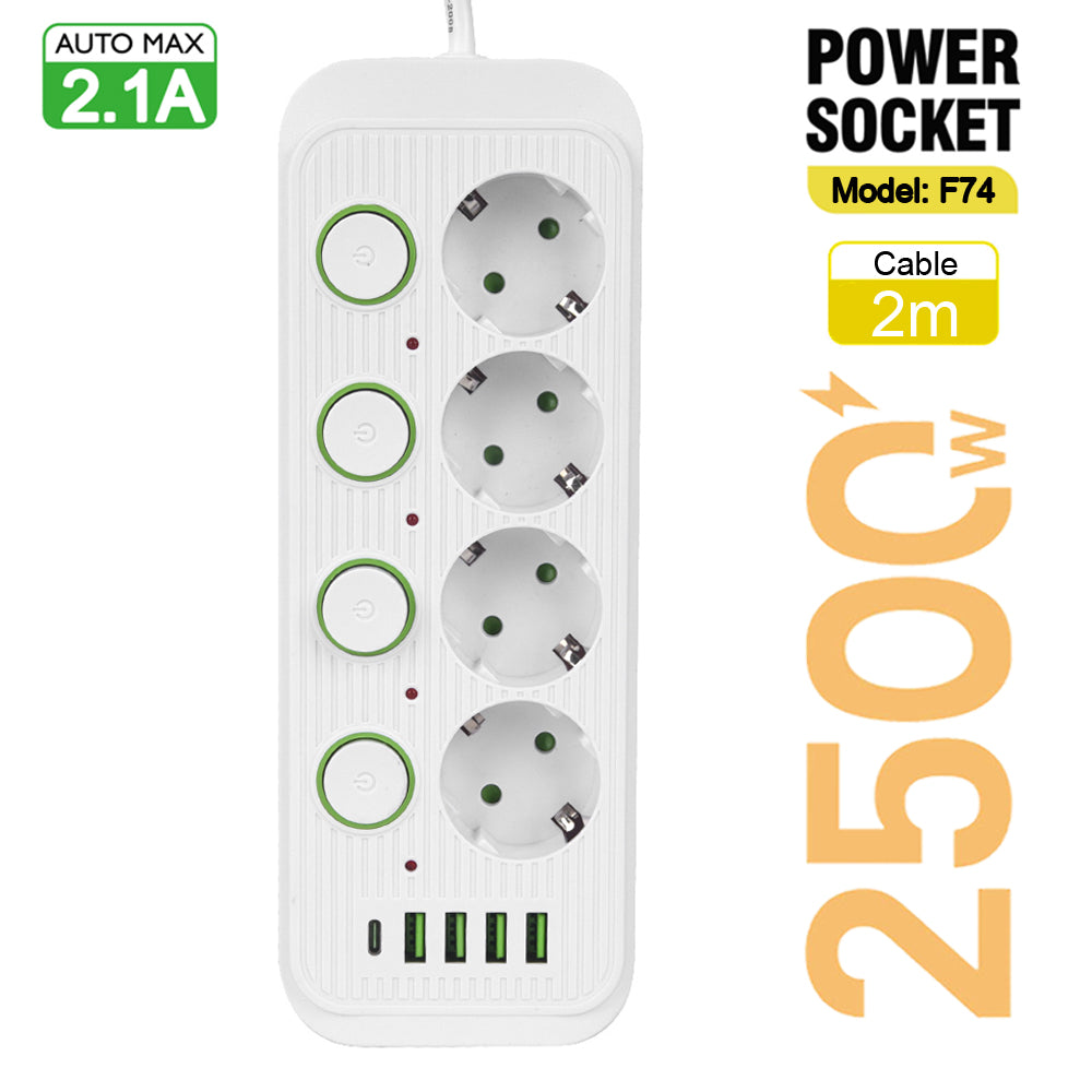 Steckdosenleiste 2 m Verlängerungskabel Multiprise 3 AC-Steckdosen mit 4 USB 1 Typ-C | Premium-Netzwerkfilter und Ladegerät