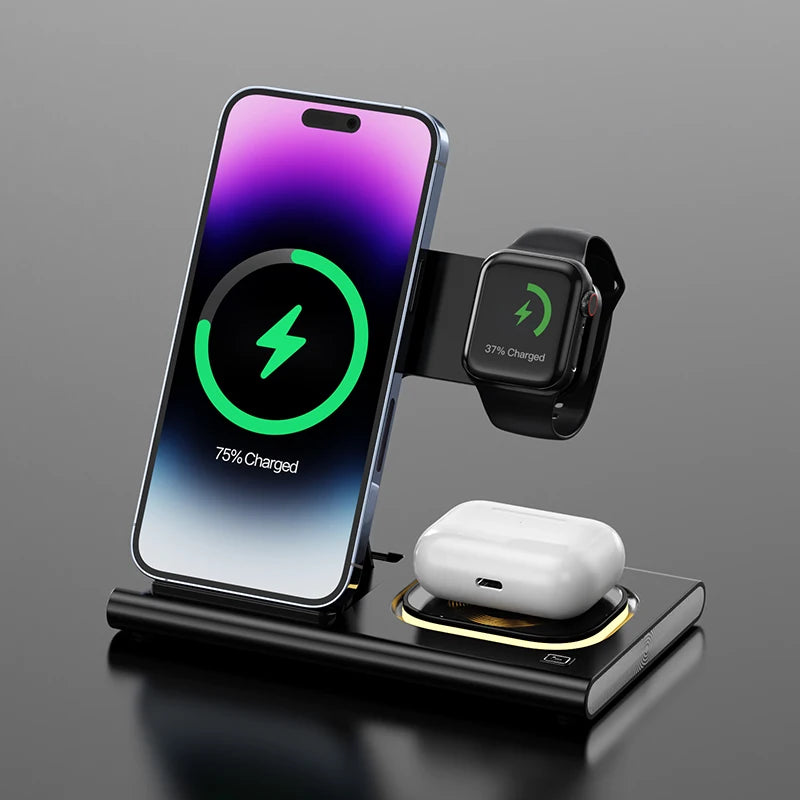 3 in 1 Wireless Fast Charging Station 30W Foldable Charger LED Stand: Charging Device MagSafe Docking Station for Smartphones, Apple iPhone, Samsung, iOS & Android Watch, AirPods