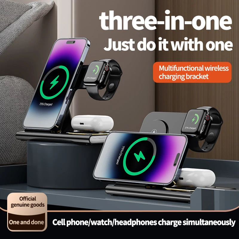 3 in 1 Wireless Fast Charging Station 30W Foldable Charger LED Stand: Charging Device MagSafe Docking Station for Smartphones, Apple iPhone, Samsung, iOS & Android Watch, AirPods