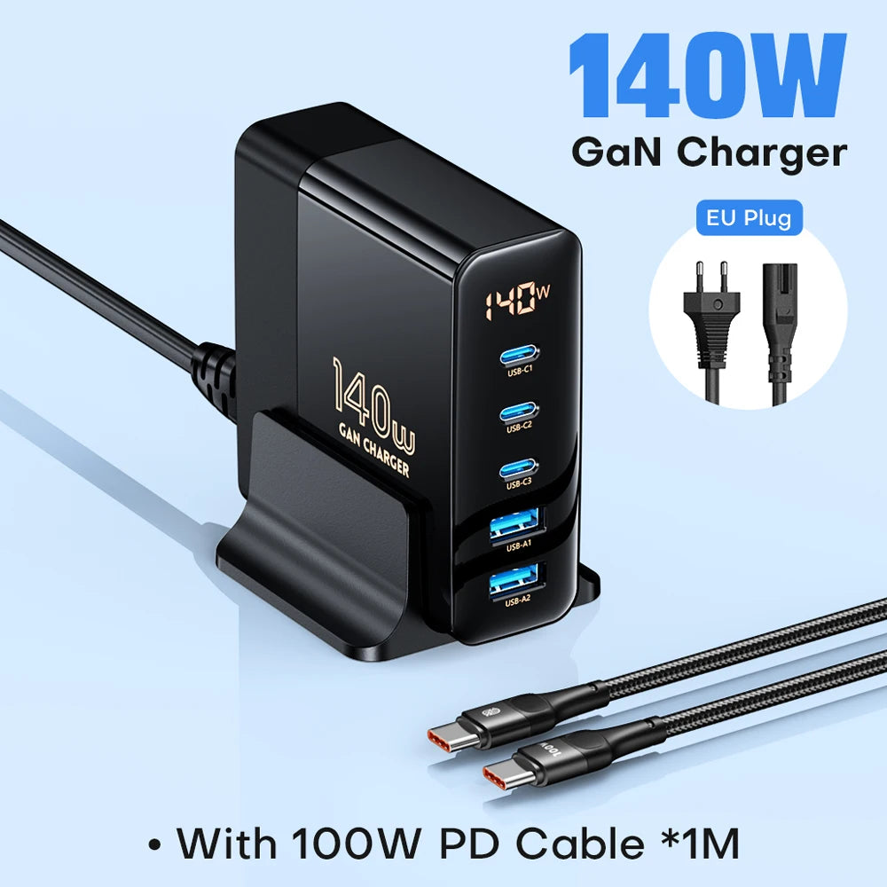 140W GaN Fast Charger: Premium Desktop Charging Station | 5 USB Ports Charging Station Docking Station ASOMETECH | Laptop, MacBook, Smartphones, Apple iPhone, Samsung, iOS & Android