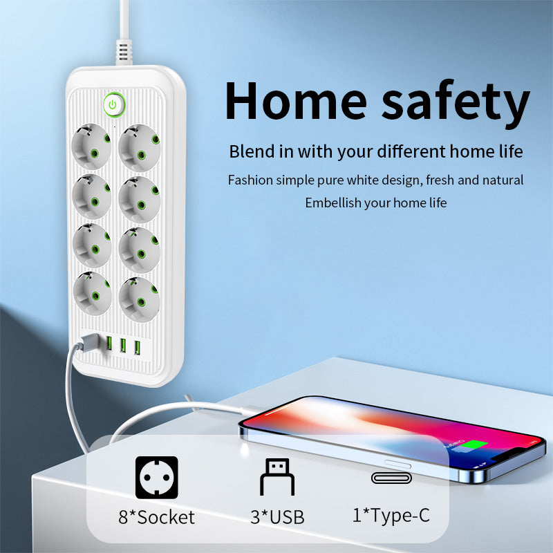 Steckdosenleiste 2 m Verlängerungskabel Multiprise 3 AC-Steckdosen mit 4 USB 1 Typ-C | Premium-Netzwerkfilter und Ladegerät