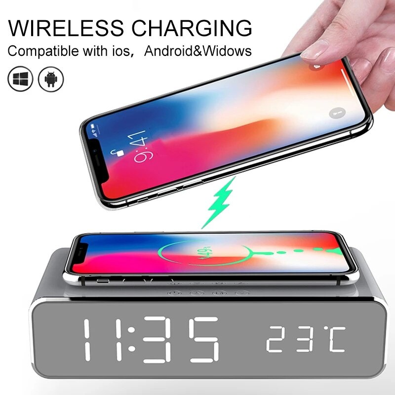 Kabellose Ladestation Wecker LED-Schnellladestation Handy Ladegerät Wireless Charging Station Apple iPhone, Samsung, Android