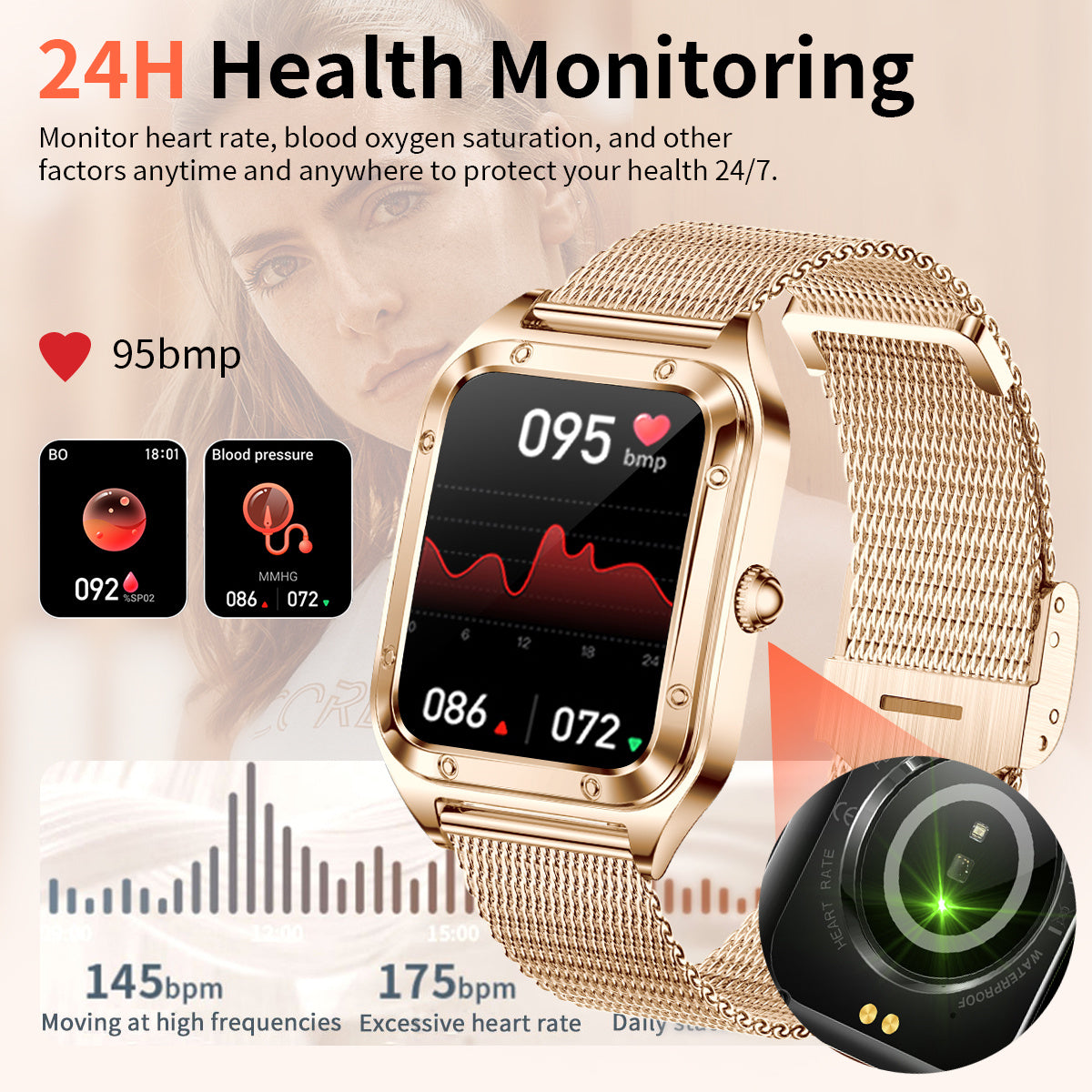 Luxus Mode Smartwatch für Damen | Bluetooth-Anruf, Blutdruckmessung, Multifunktions-Sportarmband, wasserdicht |