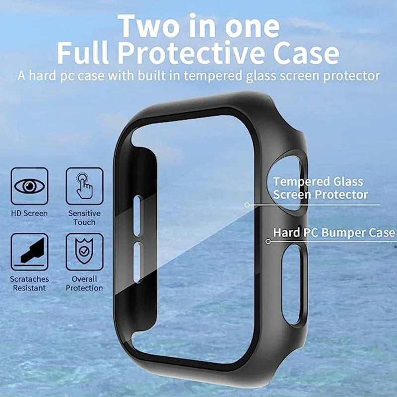 Gehärtete Glasschutz PC-Stoßfänger Apple Watch Serie 9/8/7/6/5/4/SE Schutzfolie Gehäuse 38mm, 40mm, 41mm, 42mm,