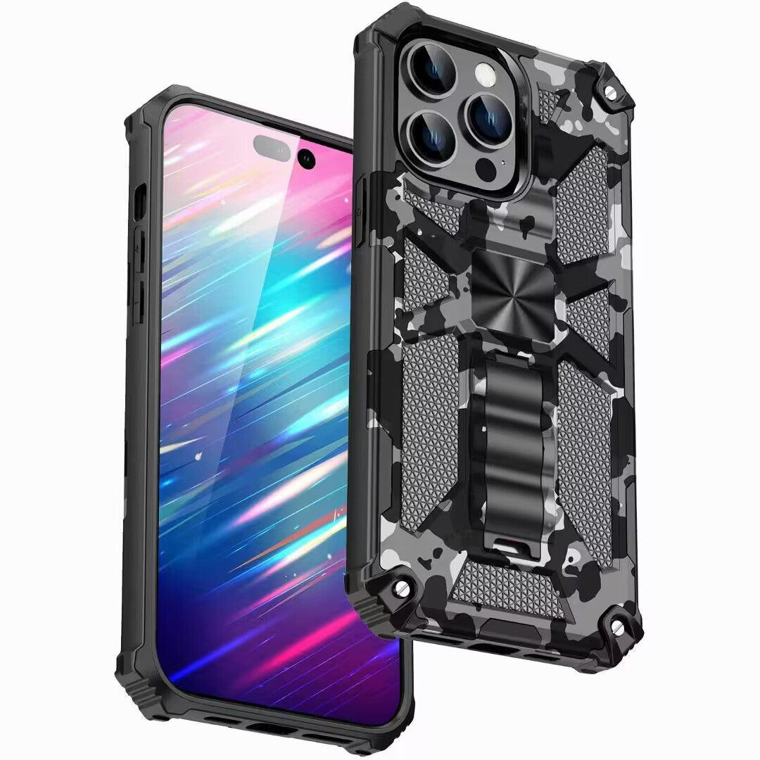 Hochwertige Hybrid-Militärpanzerung iPhone-Hülle MagSafe Case für Apple iPhone 15/14/13/12 Pro Max Plus mit eingebautem Ständer, Tarnung-Cover, Kamera-Rundumschutz und Bildschirmschutz Handyhülle - Phone Heaven Zone