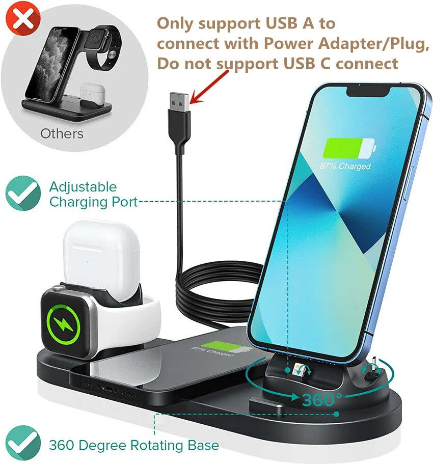 7-in-1 Charging Station Fast Wireless Charger | Fast Charging Dock 30W USB Type C Apple Watch, AirPods, Smartphones, Apple iPhone, Samsung, iOS & Android Fast Charger