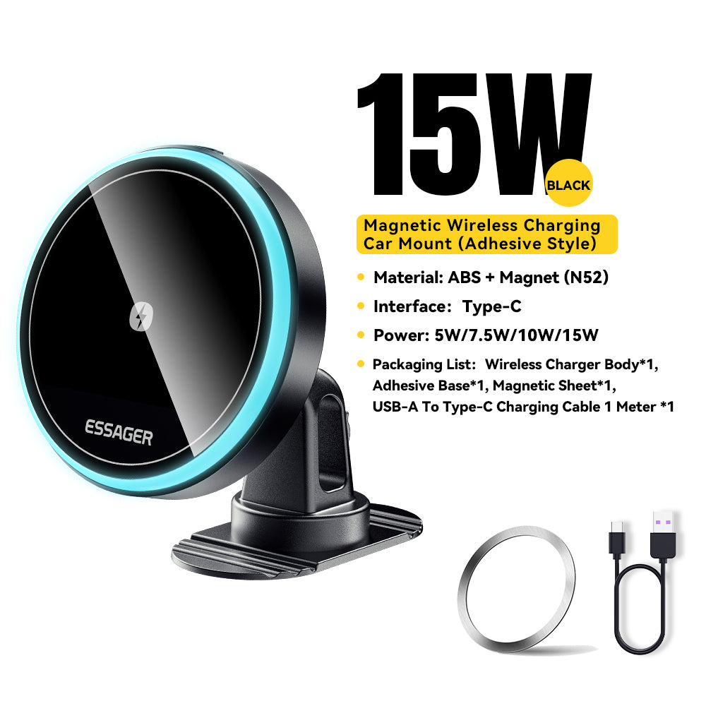 Premium RGB Magnetic Car Phone Holder and Qi 15W Wireless Charger for Smartphones, Apple iPhone, Samsung, iOS & Android | Universal Phone Holder & Charger
