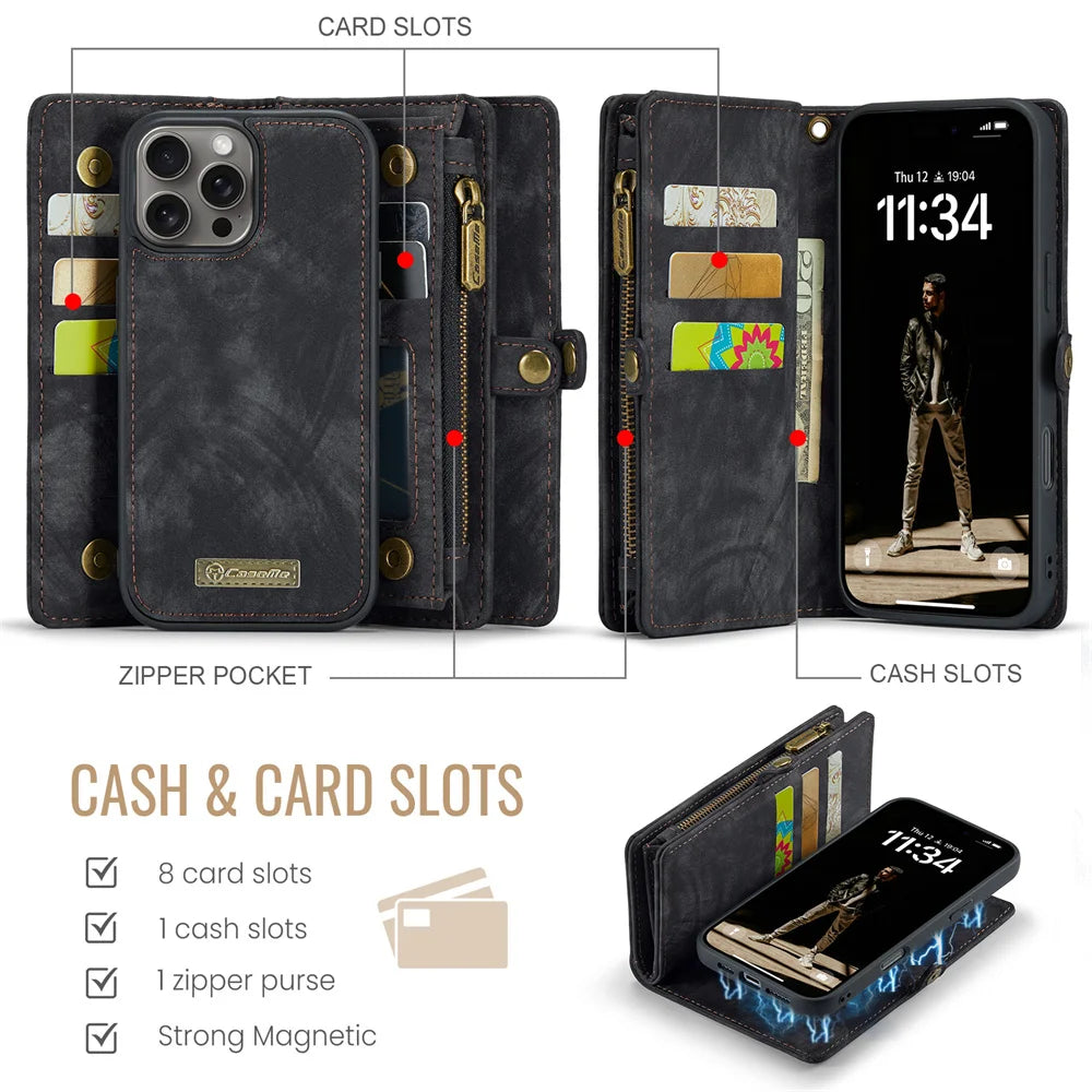 High-Quality 2-in-1 Detachable Leather Wallet Flip Stand iPhone Case | MagSafe Compatible with Full Protection and Camera Lens Cover for Apple iPhone 16/15/14/13/12 Pro Max Plus Mini | Armor Protective Wallet Case