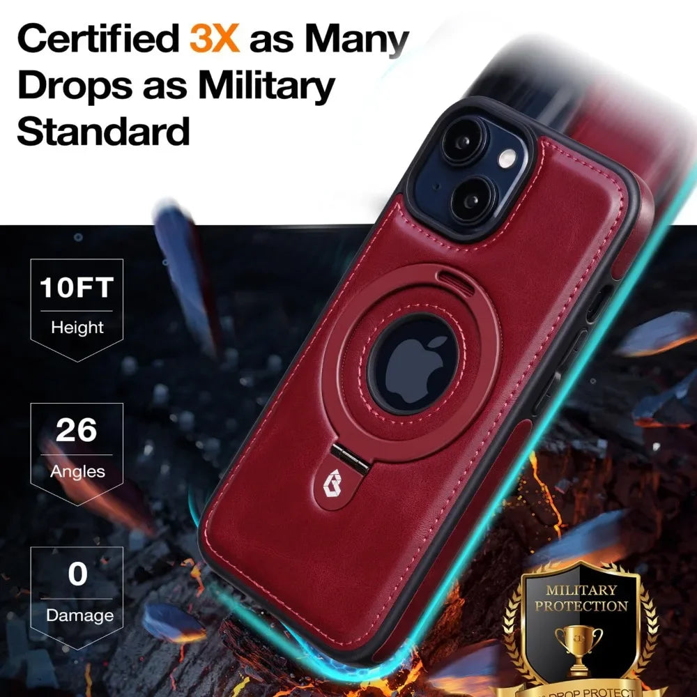 Premium Leather iPhone Case with Magnetic Ring Stand: 360-Degree Rotating Gyro Stand Function & Foldable Holder | MagSafe Case with 360-Degree Camera Lens Protection for Apple iPhone 16/16e, 15, 14, 13, 12 Pro Max, Pro, Plus, Mini Armor Protectiv Cover