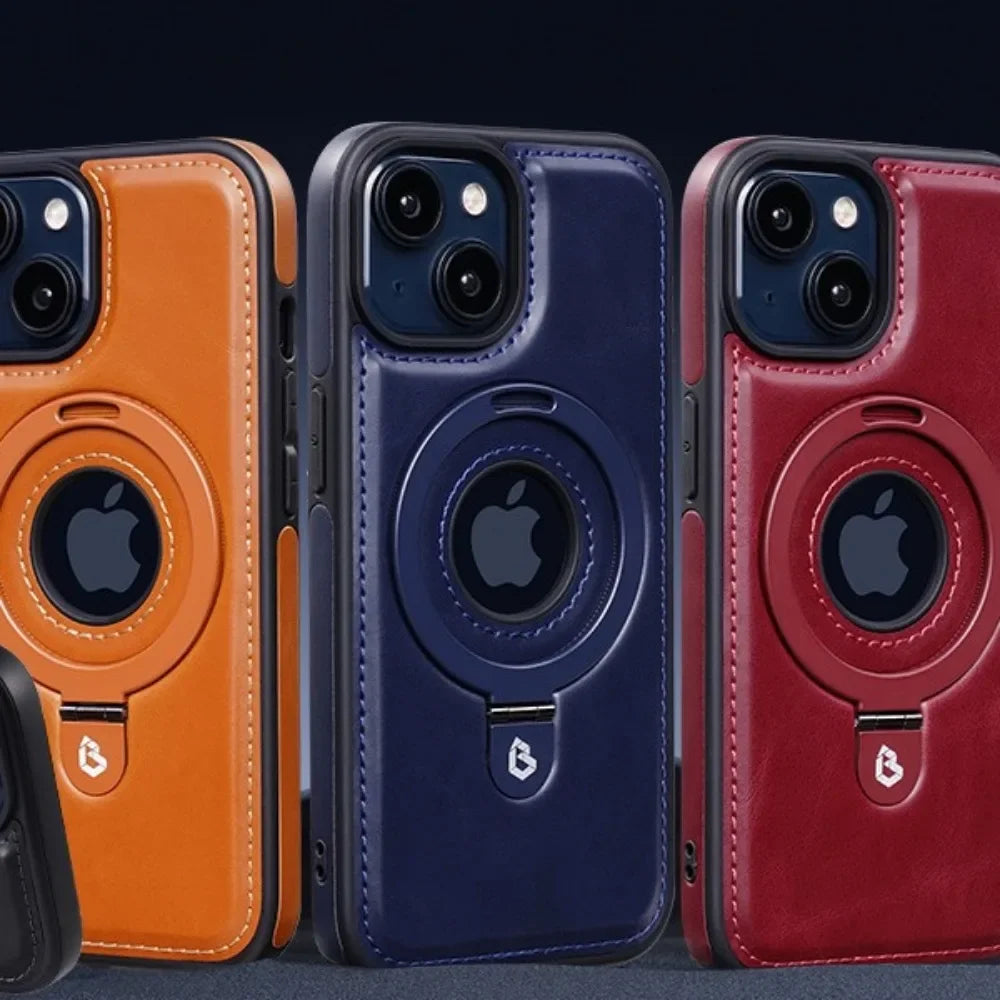 Premium Leather iPhone Case with Magnetic Ring Stand: 360-Degree Rotating Gyro Stand Function & Foldable Holder | MagSafe Case with 360-Degree Camera Lens Protection for Apple iPhone 16/16e, 15, 14, 13, 12 Pro Max, Pro, Plus, Mini Armor Protectiv Cover