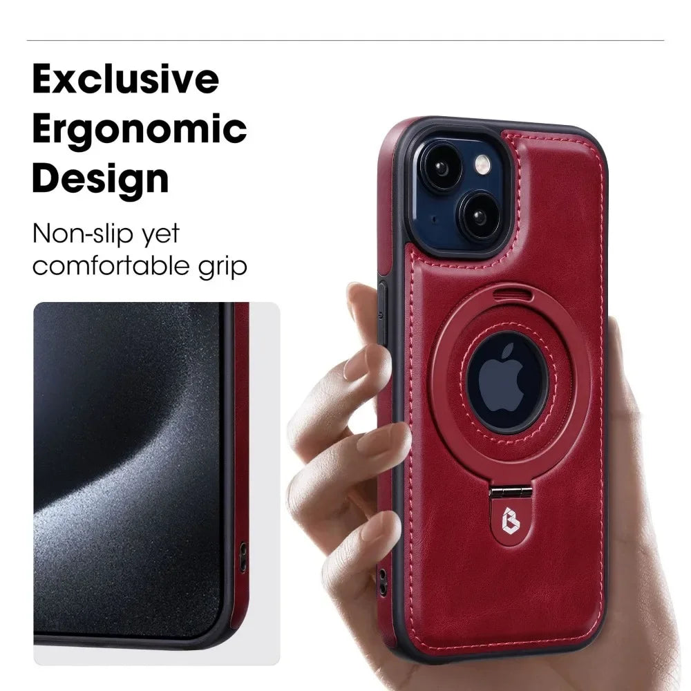 Premium Leather iPhone Case with Magnetic Ring Stand: 360-Degree Rotating Gyro Stand Function & Foldable Holder | MagSafe Case with 360-Degree Camera Lens Protection for Apple iPhone 16/16e, 15, 14, 13, 12 Pro Max, Pro, Plus, Mini Armor Protectiv Cover