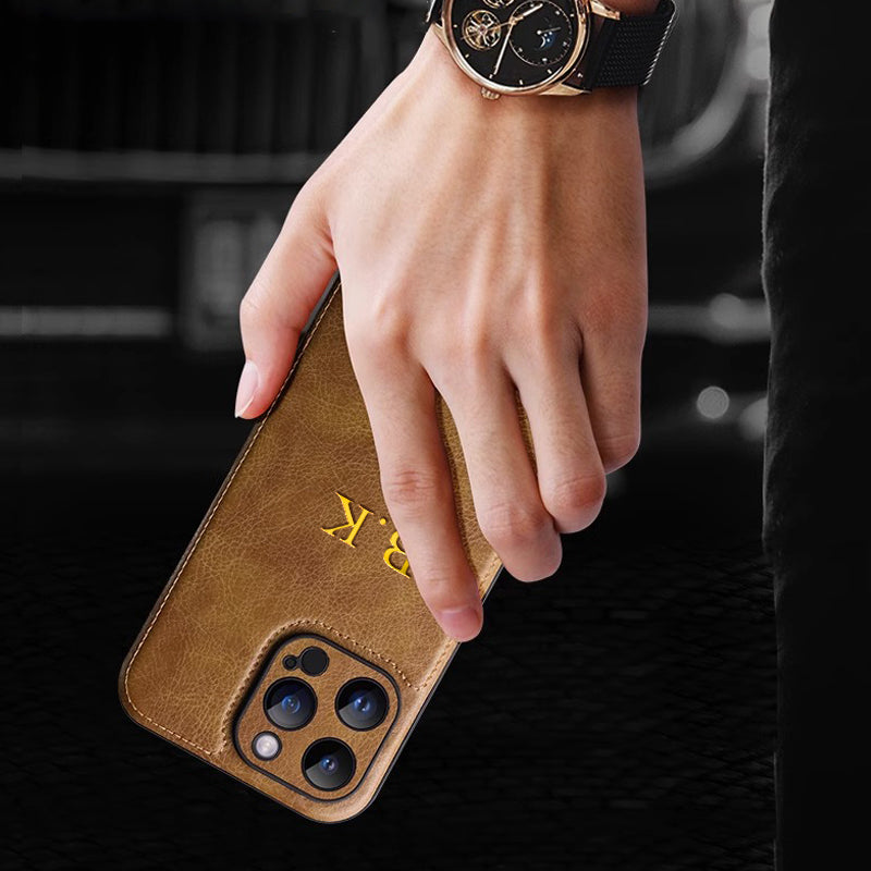 Personalized Luxury Apple iPhone Case | Names, Initials, Symbols & Numbers | MagSafe Leather Case with Metallic Gold Camera Protection for iPhone 16/15/14/13/12 Pro Max Plus Mini