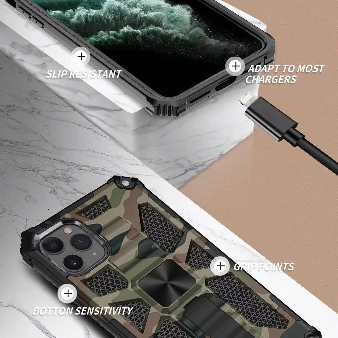 High-Quality Hybrid Military Armor iPhone Case | MagSafe Case for Apple iPhone 16/15/14/13/12 Pro Max Plus Mini with Built-in Stand, Camouflage Cover, 360-Degree Camera Protection, and Screen Protector Phone Cover