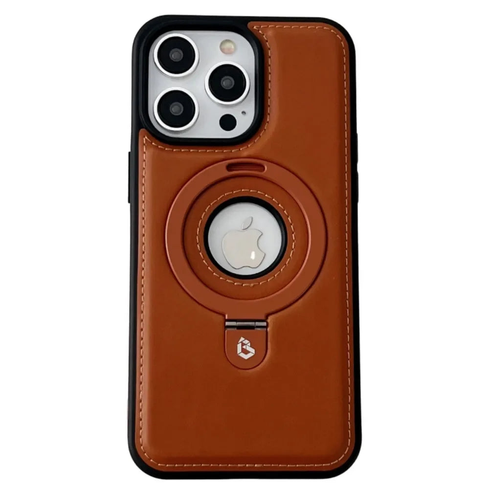 Premium Leather iPhone Case with Magnetic Ring Stand: 360-Degree Rotating Gyro Stand Function & Foldable Holder | MagSafe Case with 360-Degree Camera Lens Protection for Apple iPhone 16/16e, 15, 14, 13, 12 Pro Max, Pro, Plus, Mini Armor Protectiv Cover
