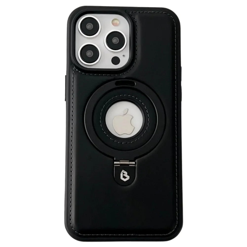 Premium Leather iPhone Case with Magnetic Ring Stand: 360-Degree Rotating Gyro Stand Function & Foldable Holder | MagSafe Case with 360-Degree Camera Lens Protection for Apple iPhone 16/16e, 15, 14, 13, 12 Pro Max, Pro, Plus, Mini Armor Protectiv Cover